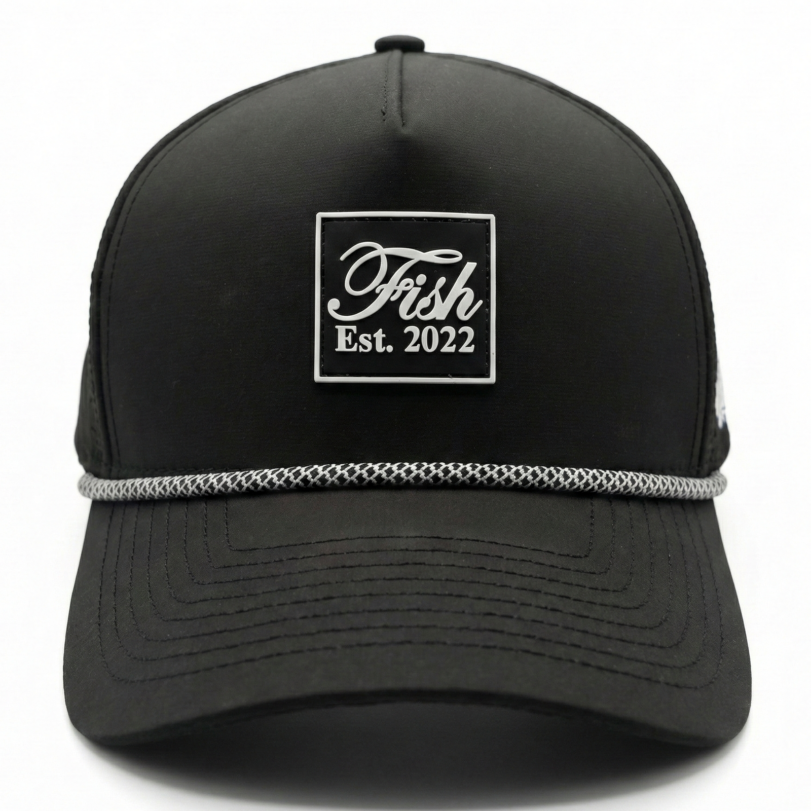 Black golf hat with Fish rubber patch on white background