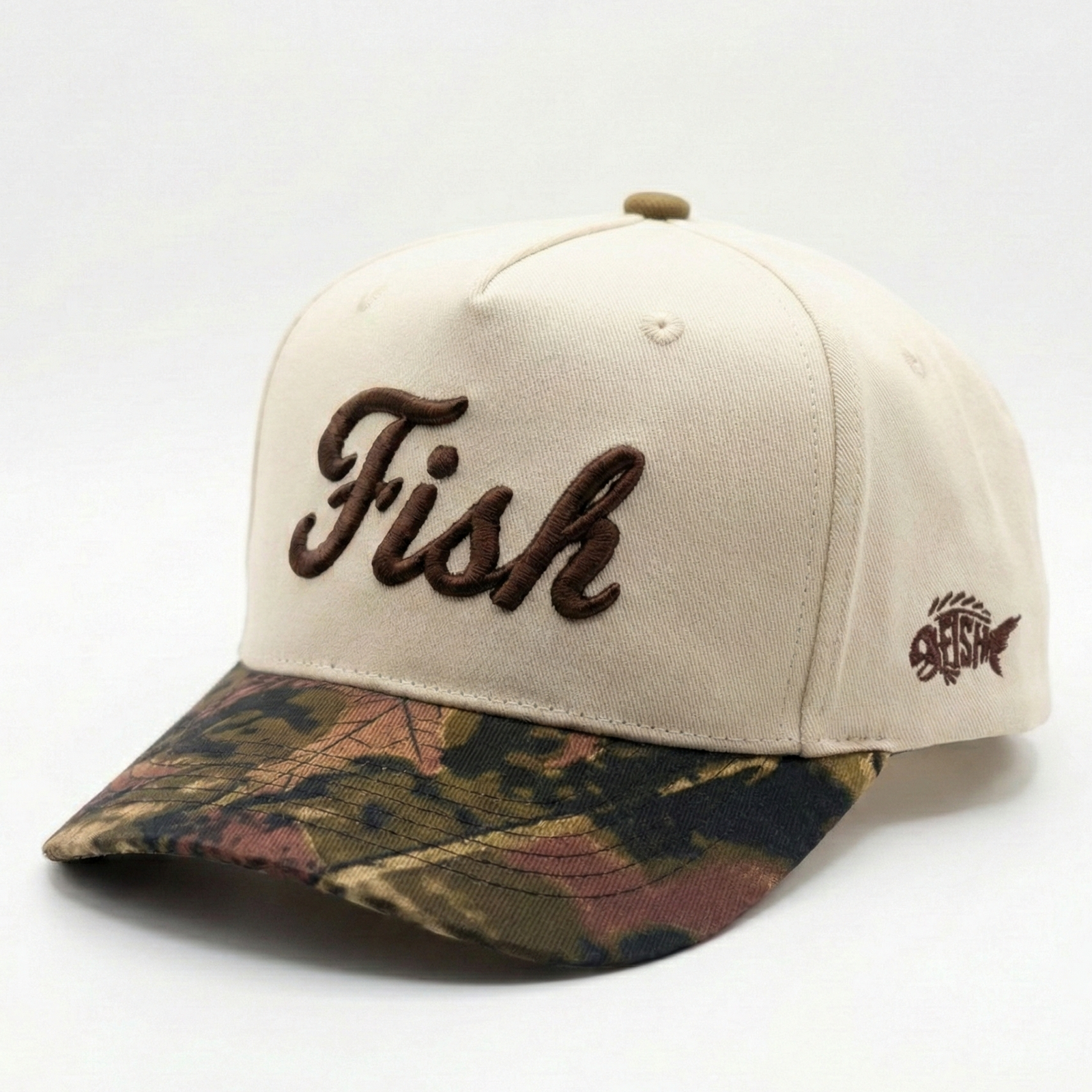 Beige and Camo cap with FISH logo on a white background