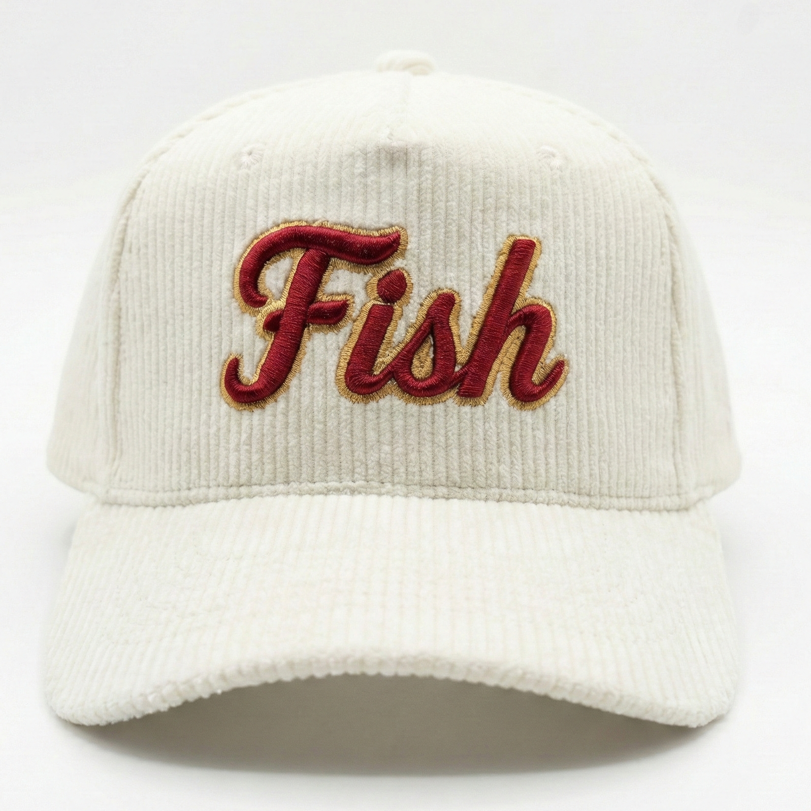 White corduroy with 3D Fish embroidered in maroon and gold on a white background