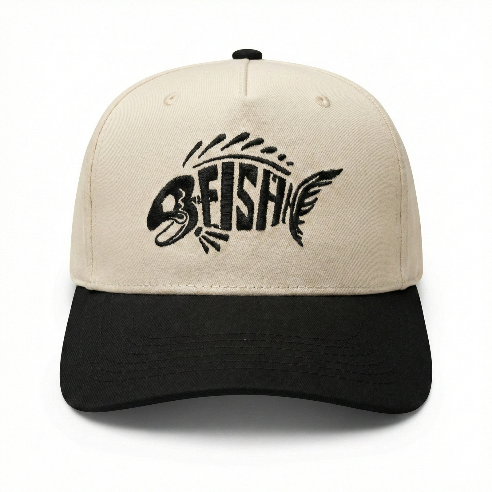 Beige and black cap with FISH logo on a white background