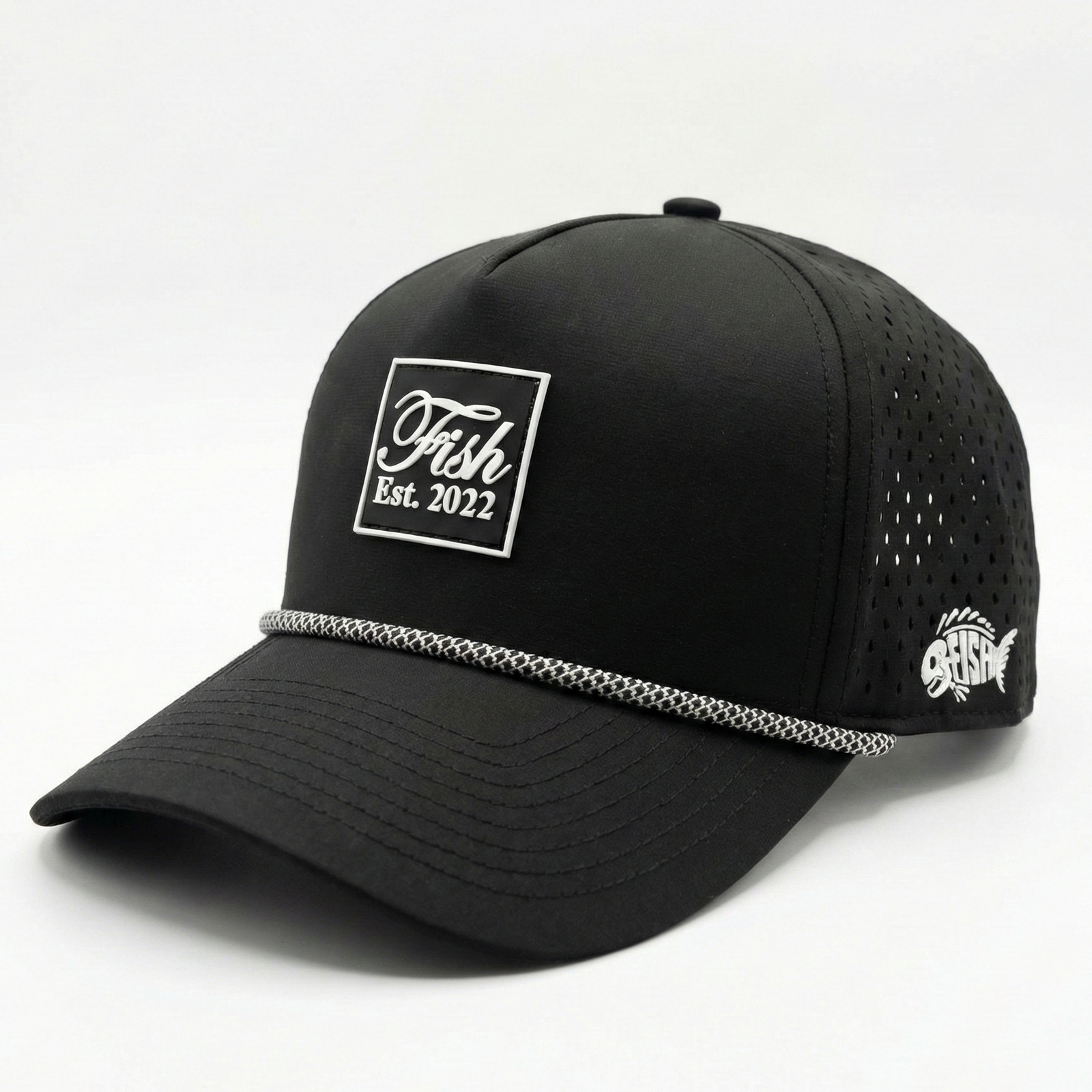 Black golf hat with Fish rubber patch on white background