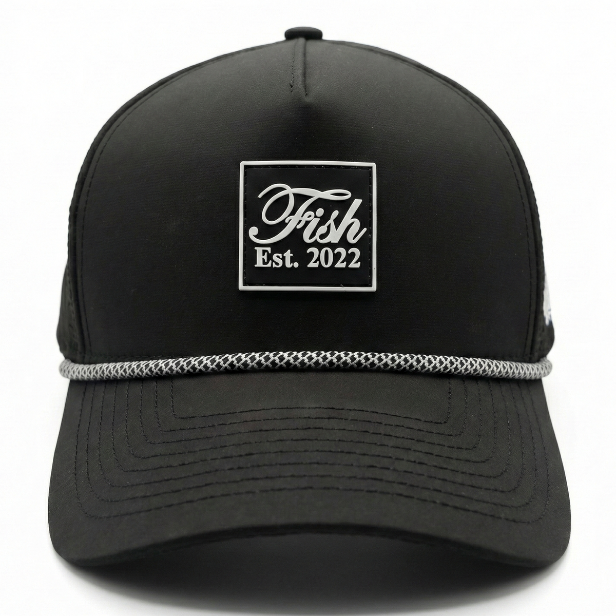 Black golf hat with Fish rubber patch on white background