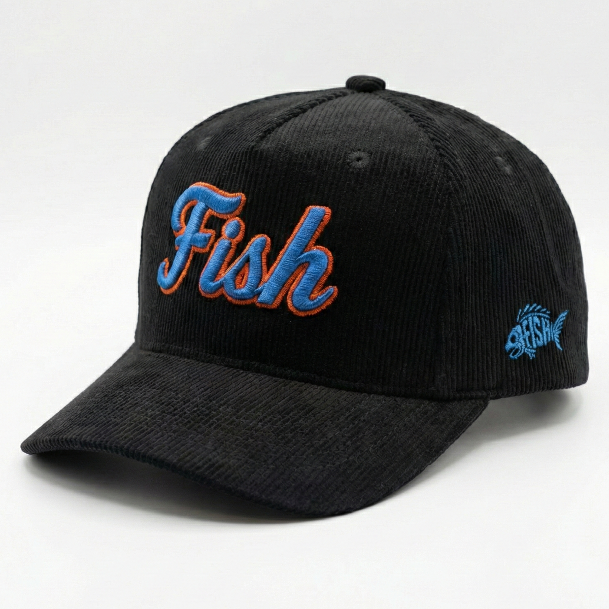 Black corduroy with 3D Fish embroidered in blue and orange on a white background