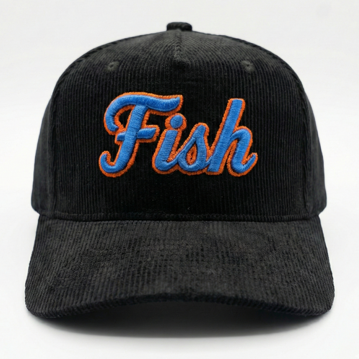 Black corduroy with 3D Fish embroidered in blue and orange on a white background