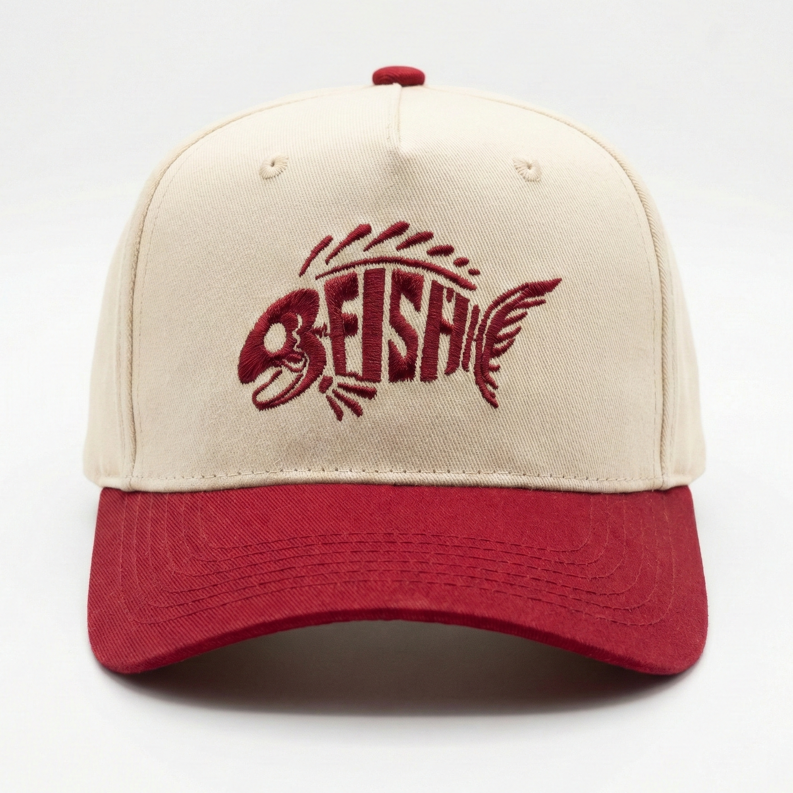 Beige and red cap with FISH logo on a white background