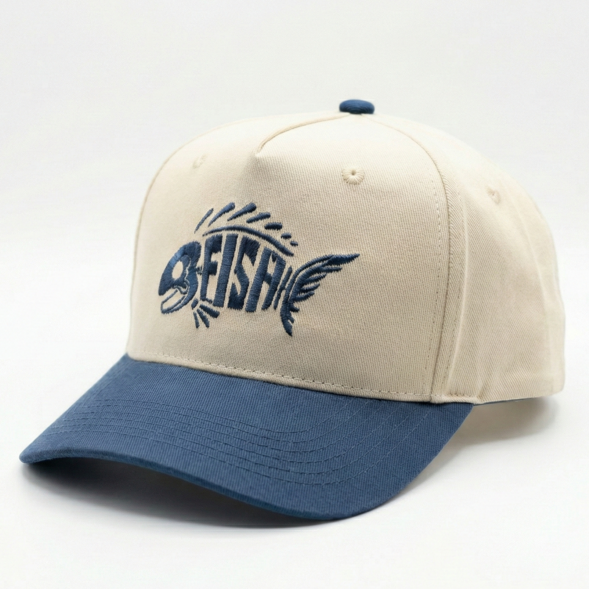 Beige and navy cap with FISH logo on a white background