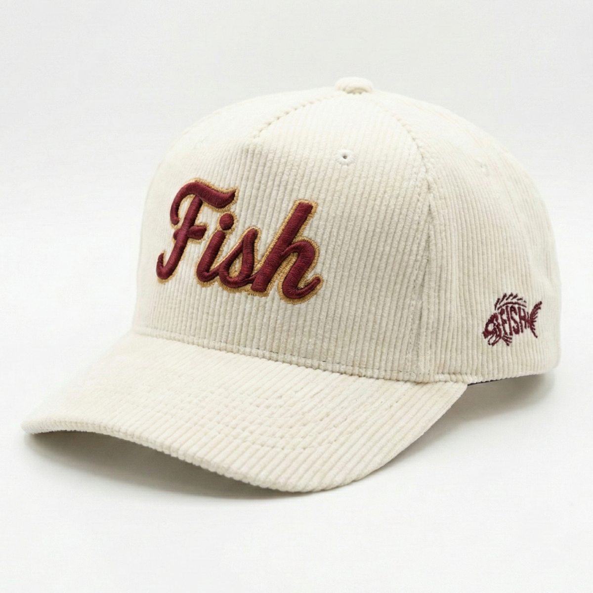 White corduroy with 3D Fish embroidered in maroon and gold on a white background