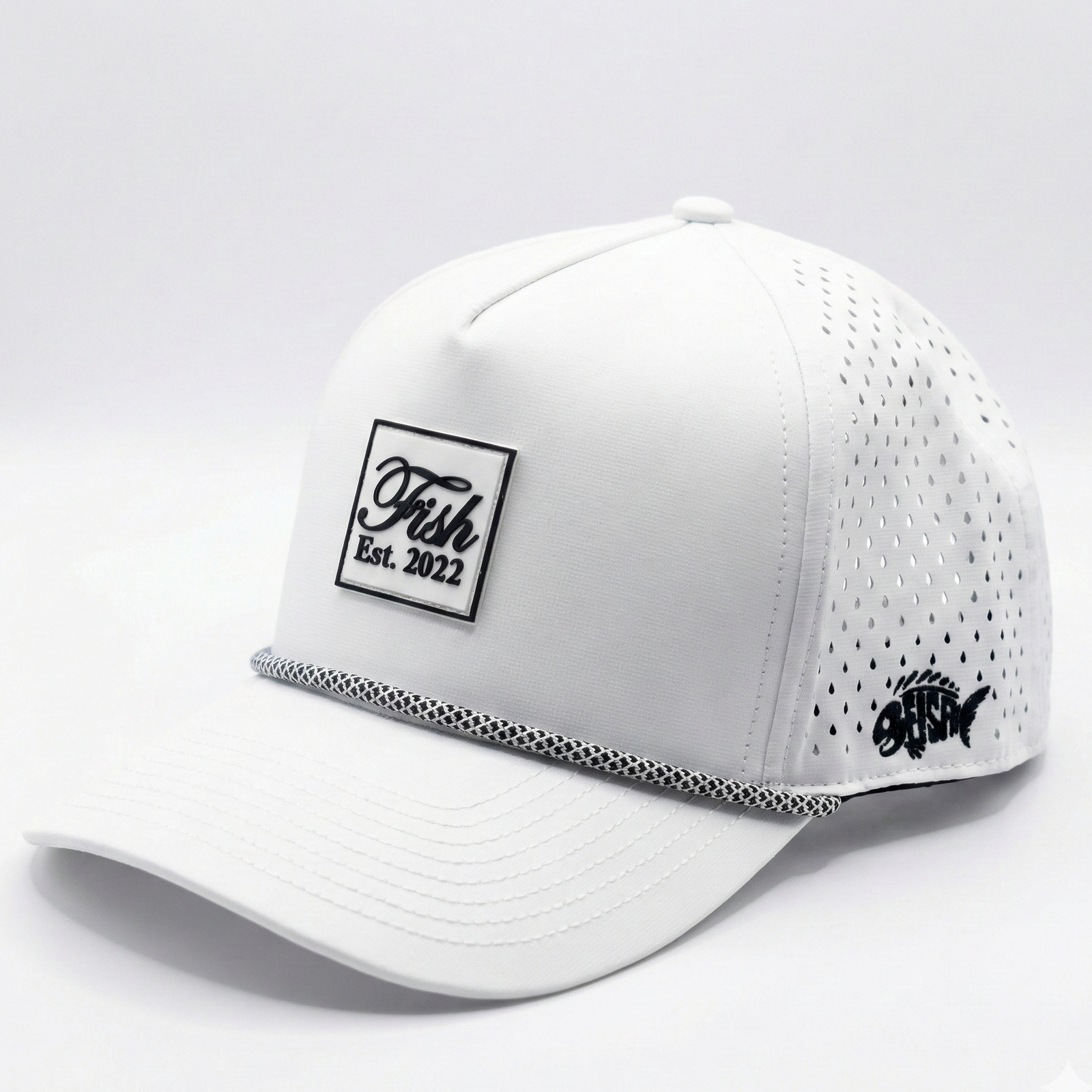 White golf hat with Fish rubber patch on white background
